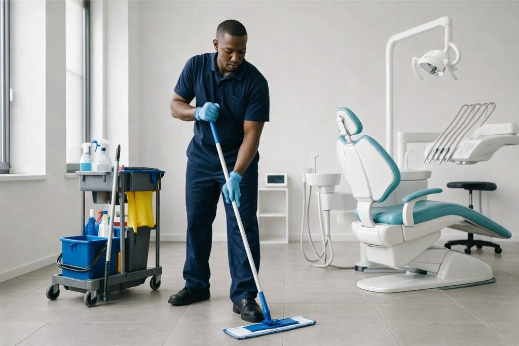 Employé nettoyant un cabinet dentaire